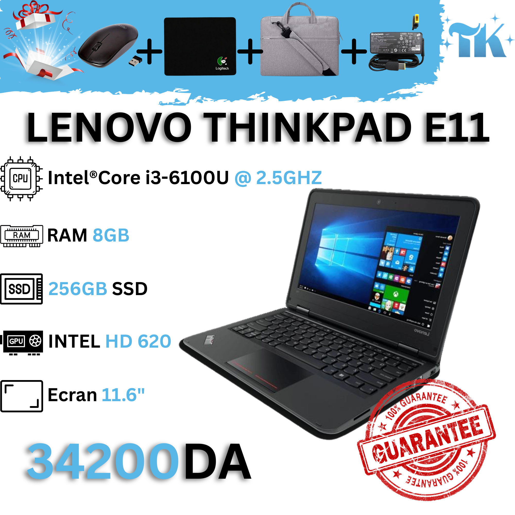 LENOVO THINKPAD 11E  - Intel Core i3-6100U - 8GB RAM - 256GB SSD