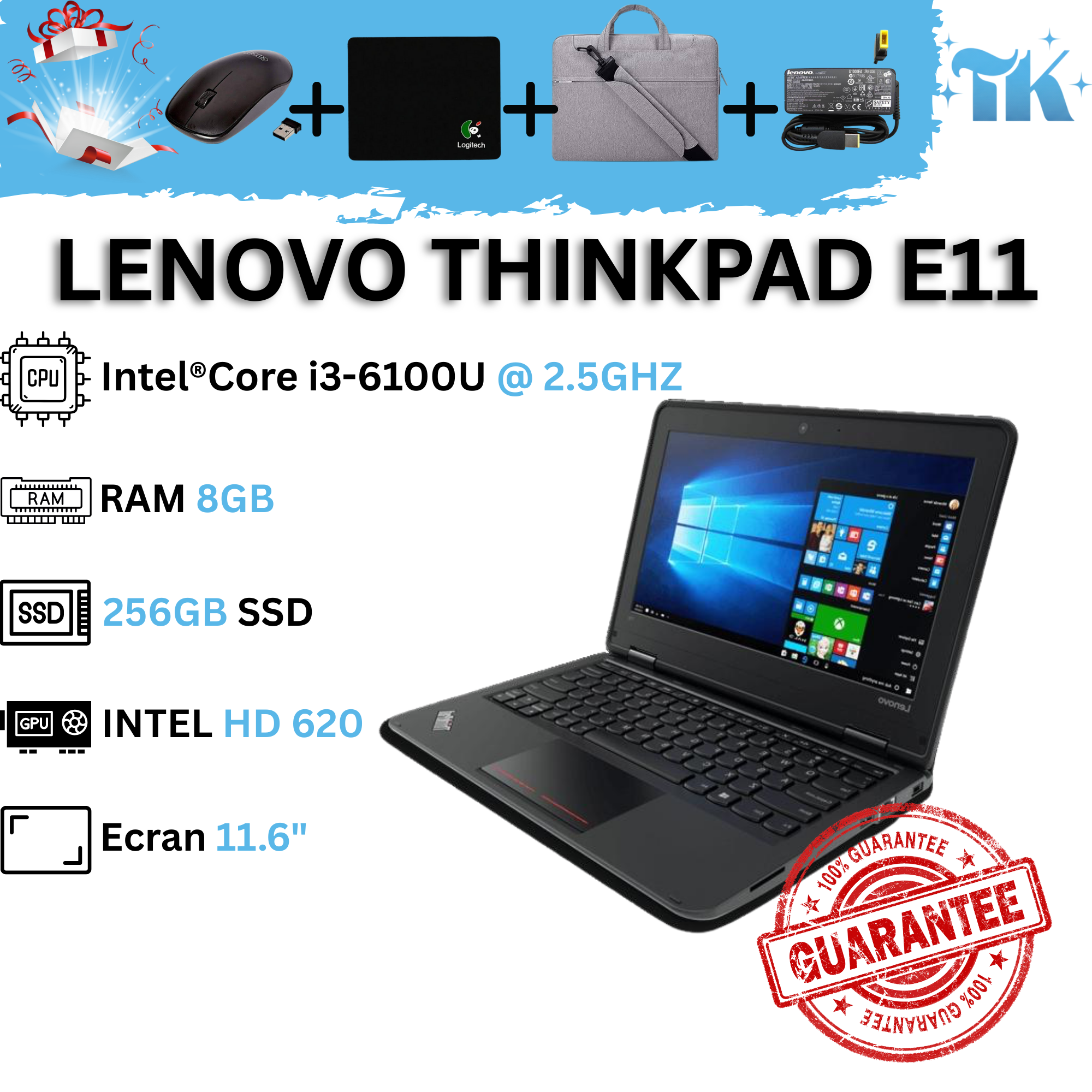 LENOVO THINKPAD 11E  - Intel Core i3-6100U - 8GB RAM - 256GB SSD